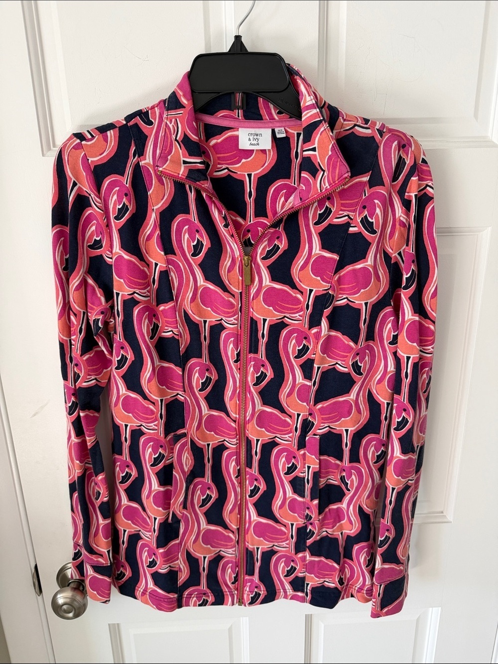 Crown & Ivy Pink Flamingo Lightweight Zippered Jacket Navy Florida Resort XS